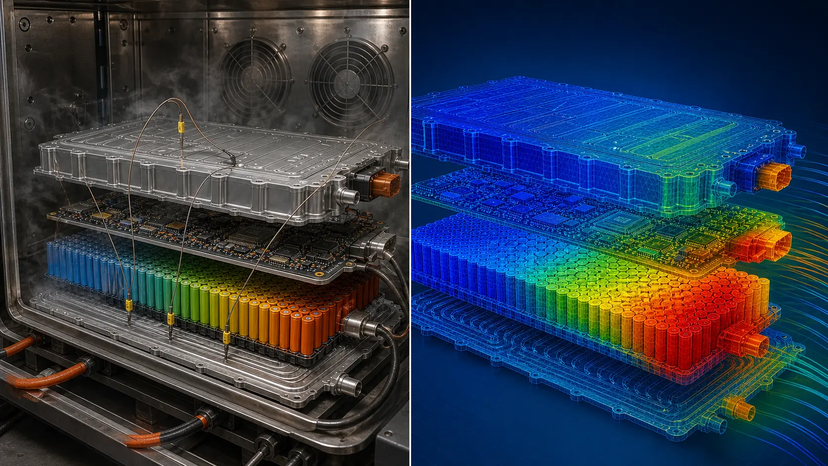 Split image comparing a physical battery pack under thermal chamber test with its simulated FEA thermal model