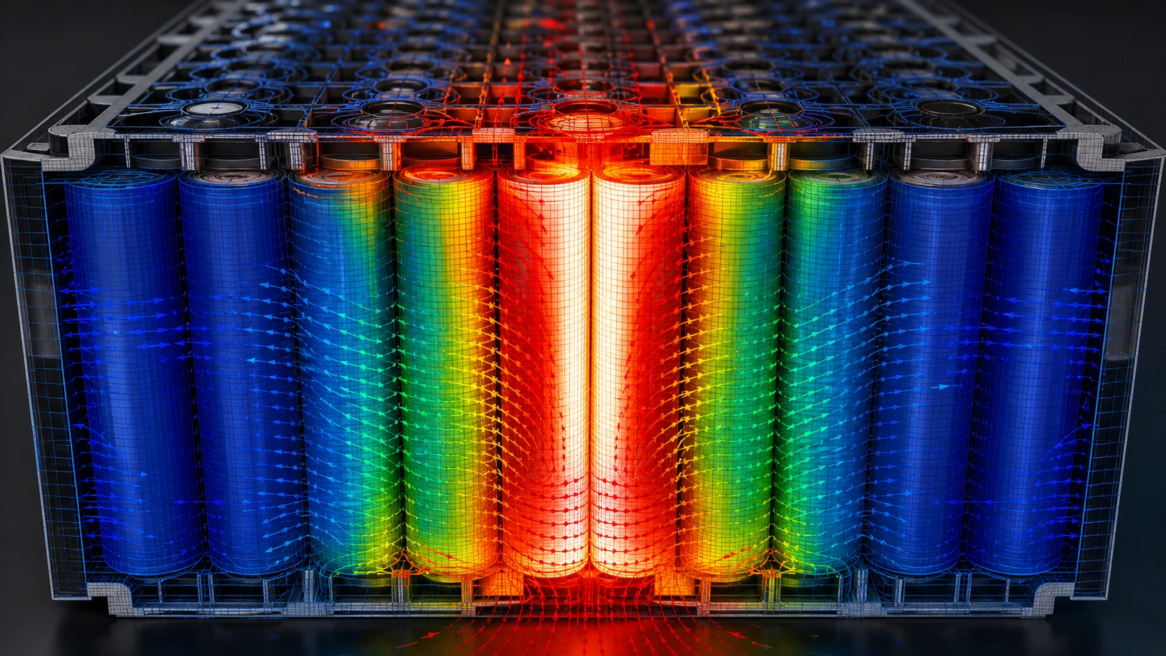 Simulation visualization of thermal runaway propagation between adjacent battery cells in a module
