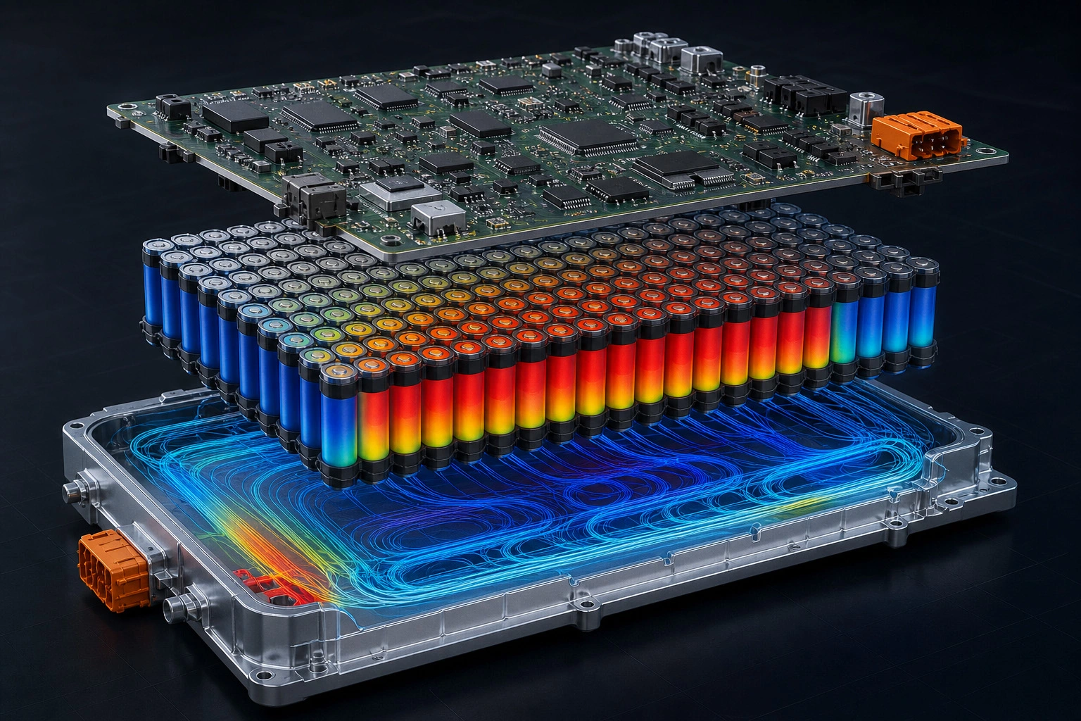Exploded view of a battery pack showing its BMS circuit board, cell array, and cooling channel as separate interconnected layers, representing the systems the BMS governs