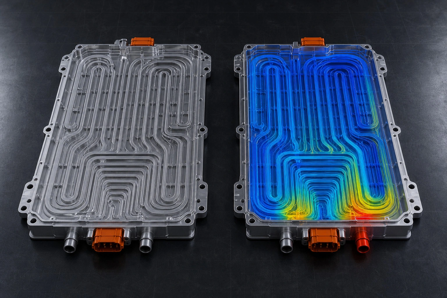 Two cooling plates side by side — one plain and unanalyzed, the other showing a full CFD thermal simulation with flow streamlines — representing the shift to simulation-first design