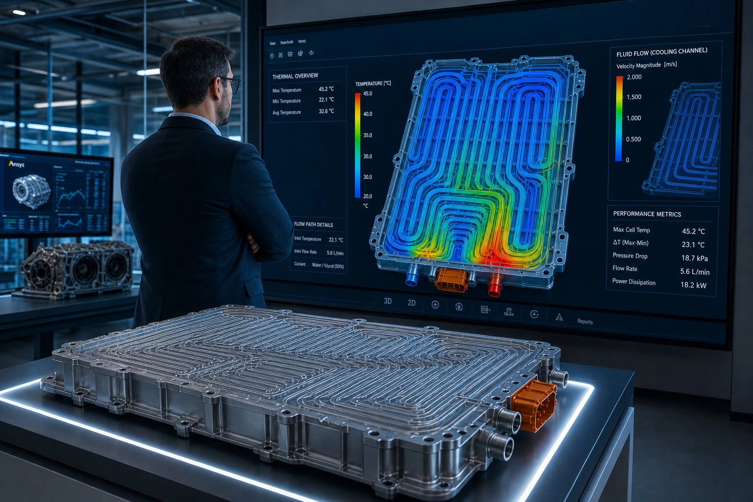 Engineering leader standing before a large wall display of a battery pack thermal simulation, with a physical pack on a pedestal nearby, representing a decision point on simulation investment