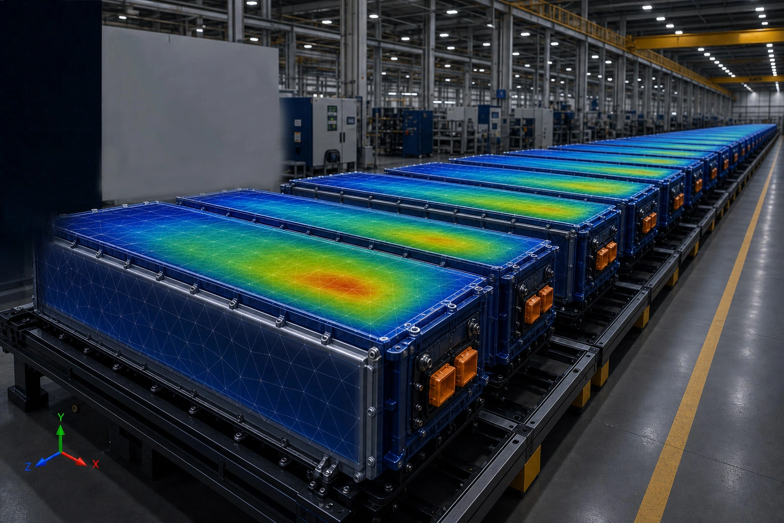 Row of multiple EV battery packs shown under simulation, illustrating the scale of India's battery manufacturing buildout