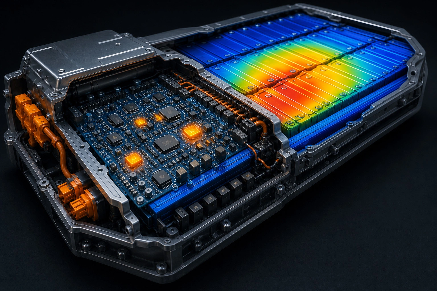 Cutaway render of a battery pack revealing its BMS circuit board glowing with a thermal gradient, representing the hidden system governing battery performance