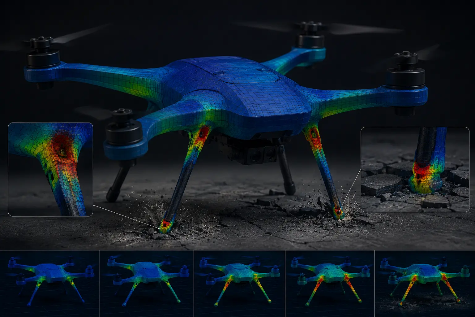 Explicit Dynamics drop test stress contour on UAV landing gear at impact